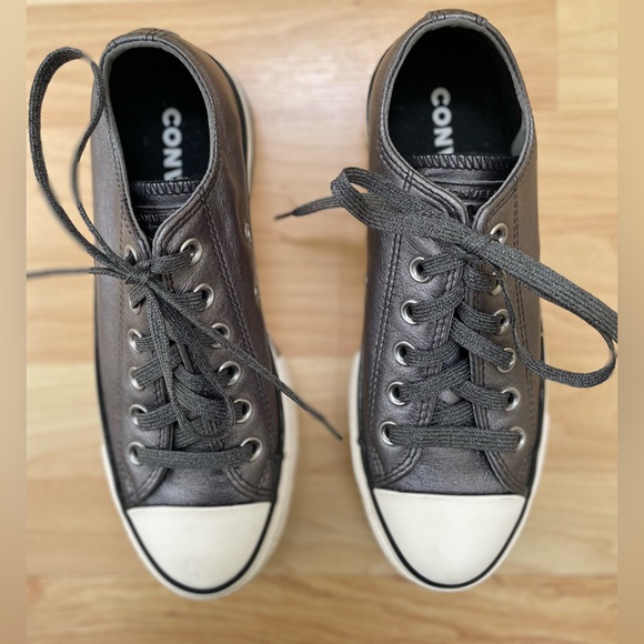 Converse platform All Star leather sneakers gunmetal gray w/ gray shimmer laces - Picture 5 of 11